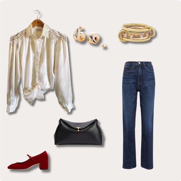 Vintage Ivory - Off White Satin Fancy Blouse 80s | Vintage Blouse Shoulder Detai - Picture 2 of 5